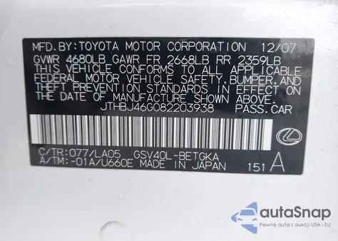 2008 Lexus Es 350 from USA, damaged, VIN JTHBJ46G082203938